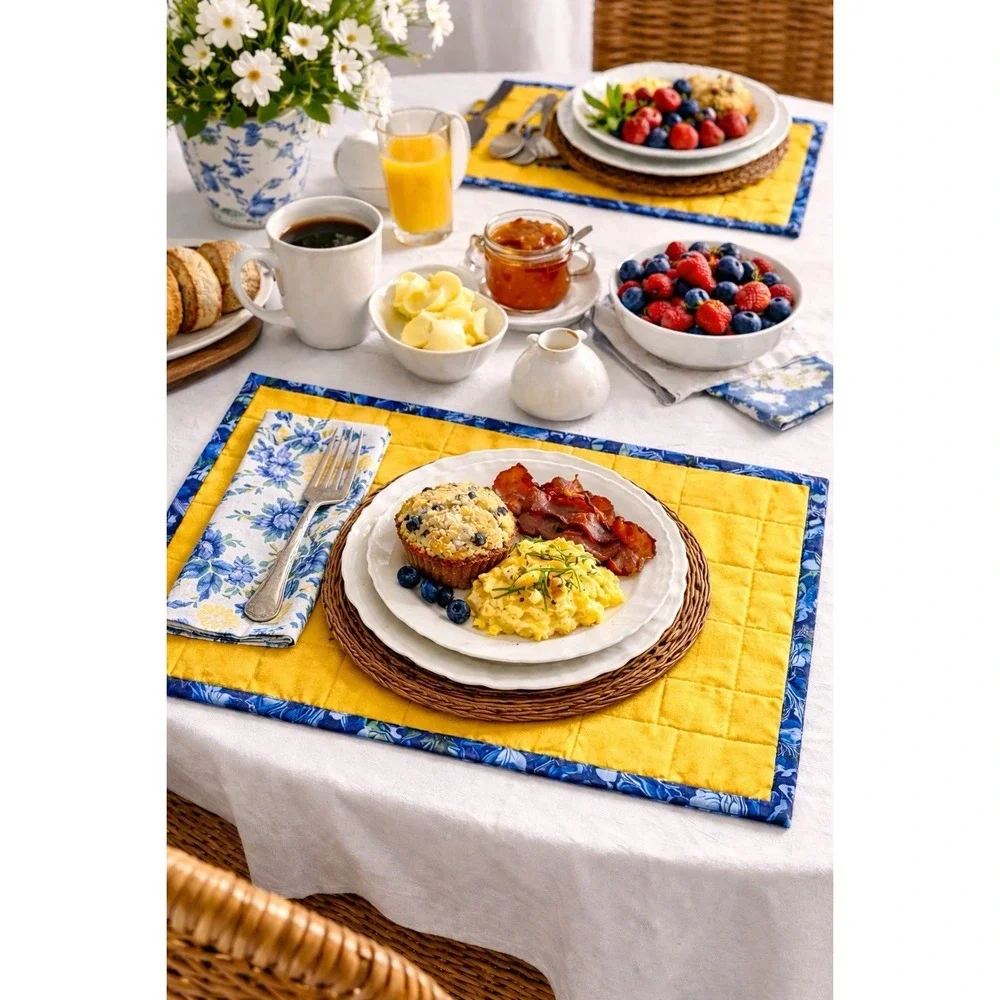 4 Placemats Reversible Country French/ Farmhouse Cotton  Gold/Blue‎ 17 x13